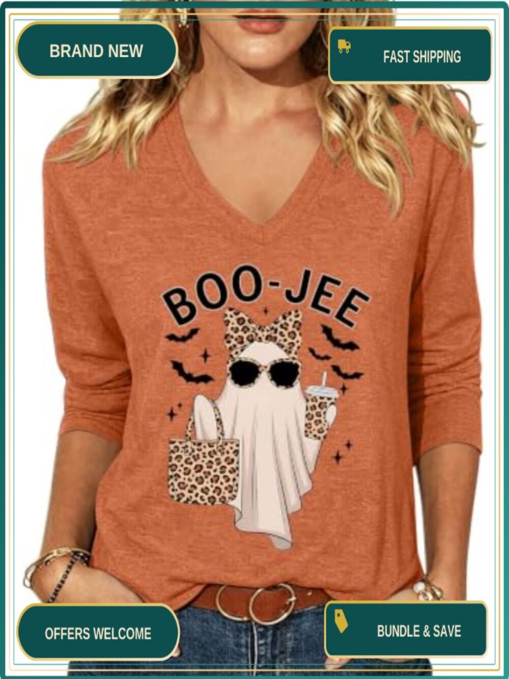 Womens 3/4 Sleeve Halloween Ghost Graphic V-Neck Tee Spooky Season Fall Top